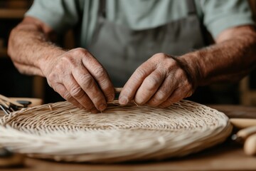 Craftsman weaving wicker basket with skillful hands in workshop
