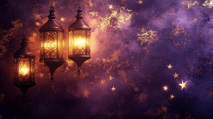 Illuminated lanterns, night sky, stars, festive celebration, greeting card