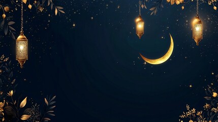 Fototapeta premium Golden crescent moon, lanterns, night sky, celebration background