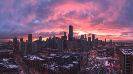 Fototapeta premium City skyline silhouette against a vibrant pink sky during sunset with clouds and urban buildings in view