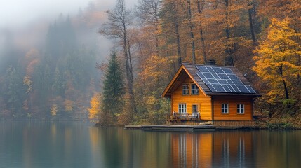Charming yellow house by the serene lake surrounded by autumn foliage and misty trees.