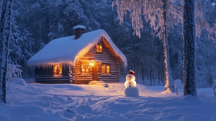 Cozy log cabin completely enlightened in blanketed winter woodland with snowman at observe before get-away domestic