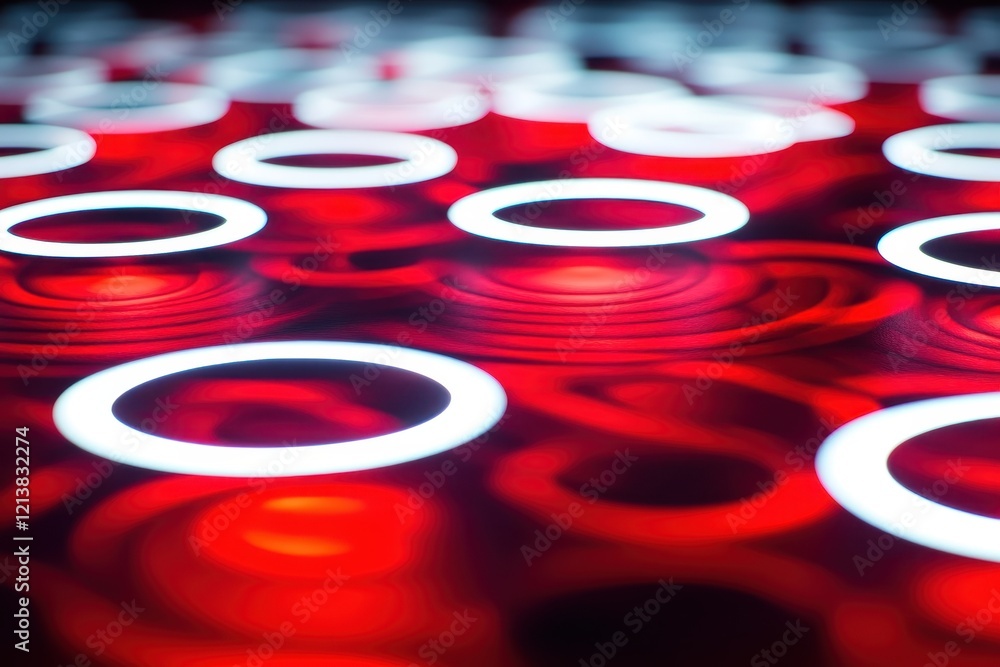 Poster illuminated circles dance on a vibrant red background, creating a mesmerizing abstract composition a