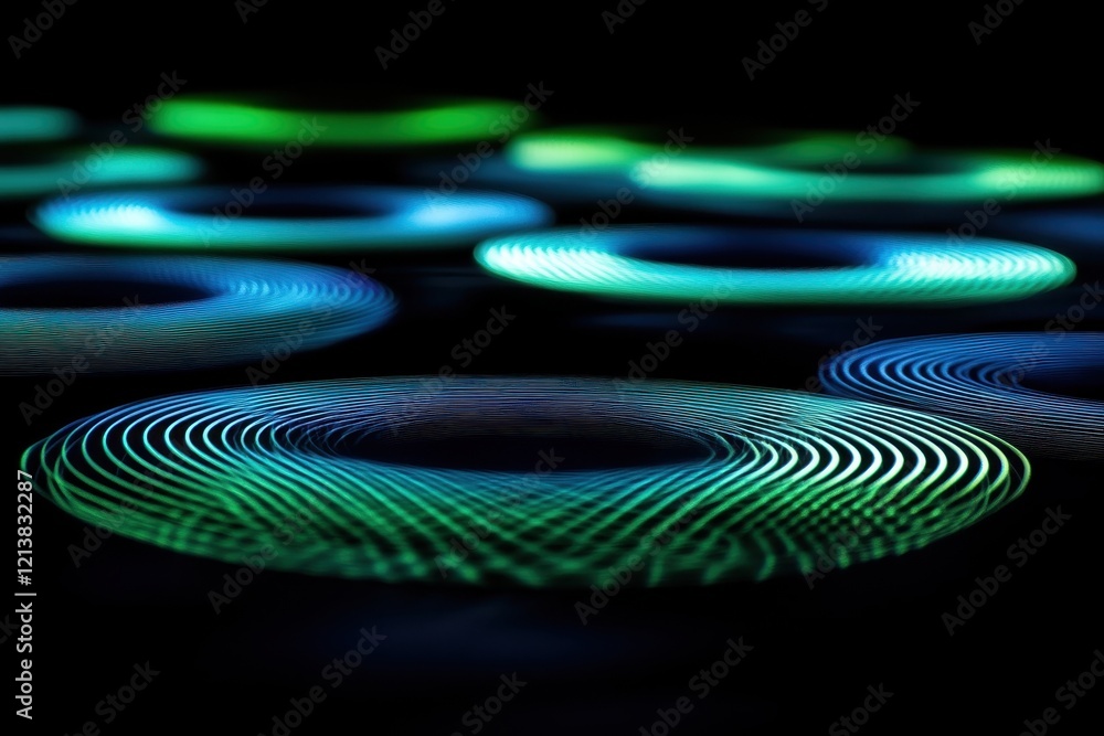 Poster vibrant circular patterns of light glow in harmony, creating an enchanting atmosphere of rhythmic mo