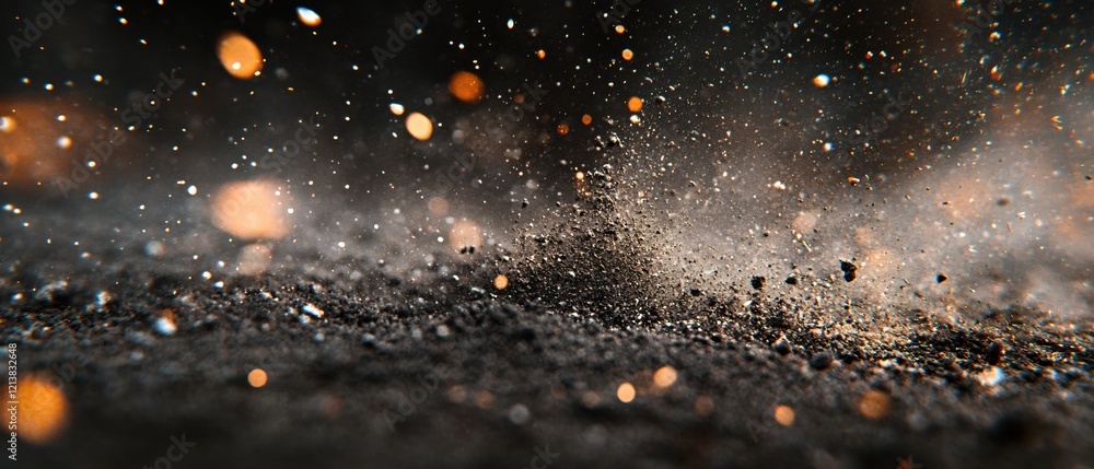 Poster abstract dark background with floating particles and bokeh effect in warm orange tones