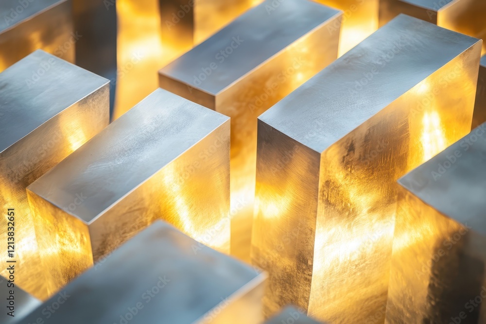 Poster gleaming metal blocks create an intricate pattern illuminated by warm light in a modern artistic dis
