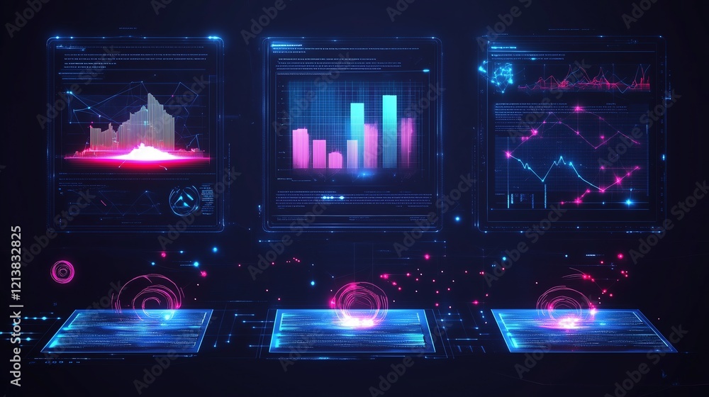 Poster abstract holographic displays showing inventory and workflow data, featuring low poly wireframe, glo