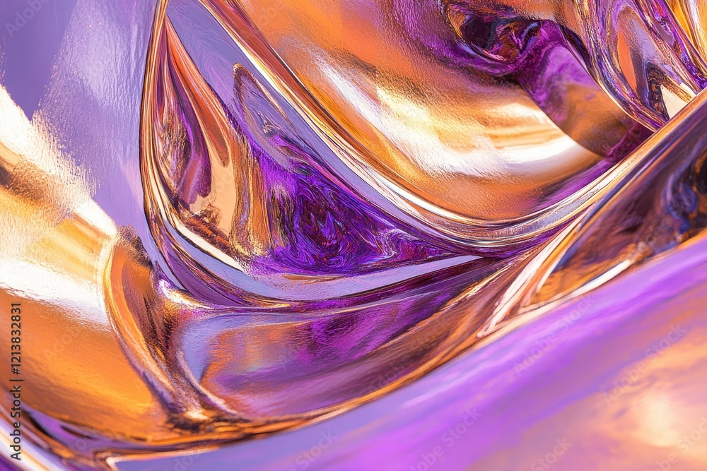 Poster swirls of vibrant purple and gold combine in an abstract display of fluid reflections and shimmering