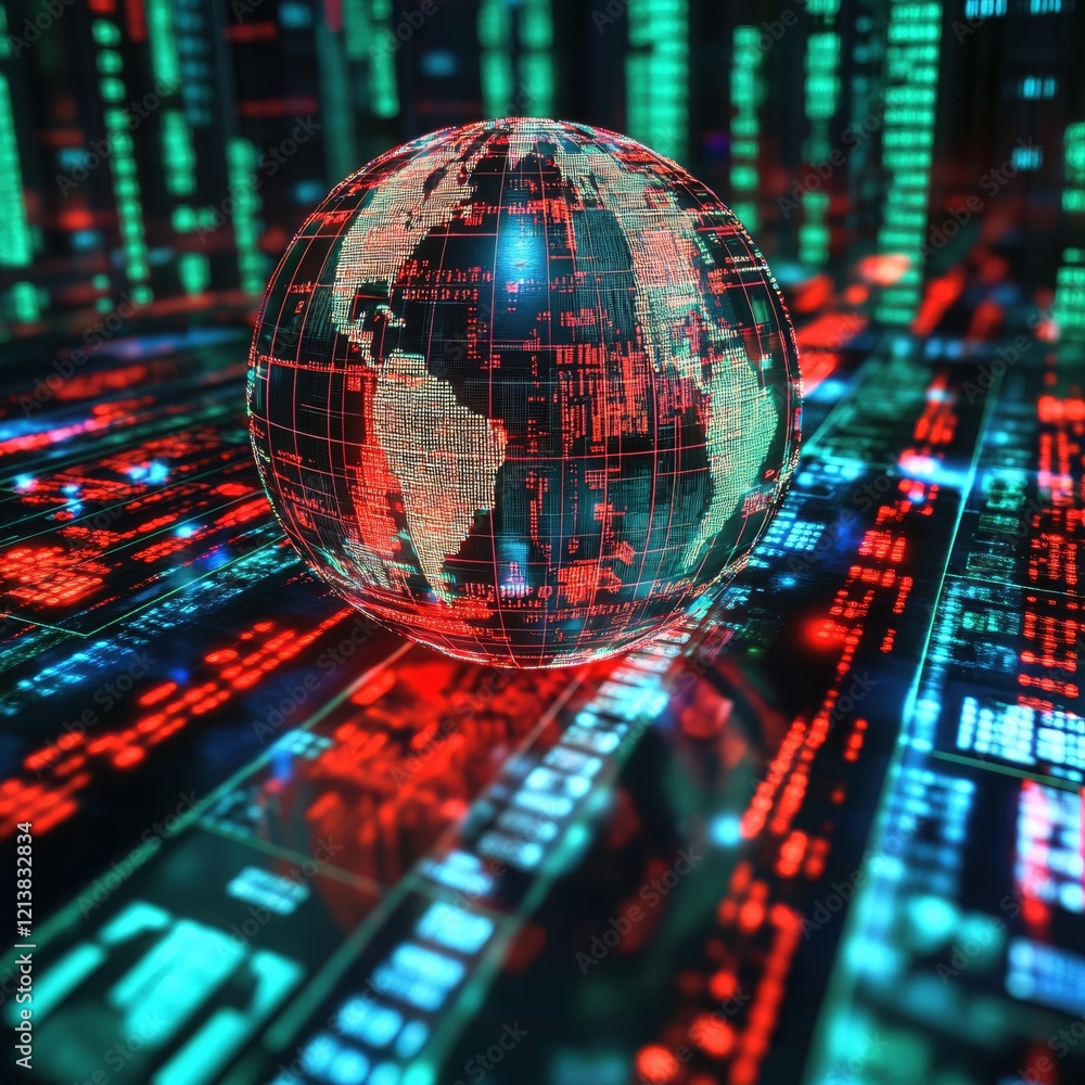 Poster digital globe over abstract circuit board pattern with red and green glowing lights