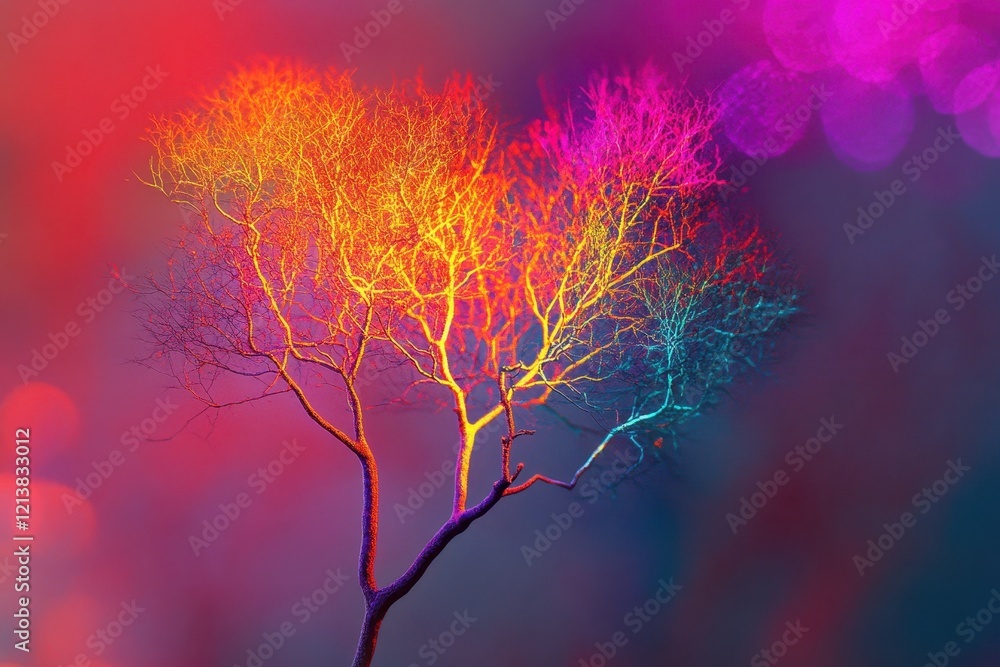 Poster captivating tree illuminated in vibrant colors against a dreamy backdrop during twilight hours of a 