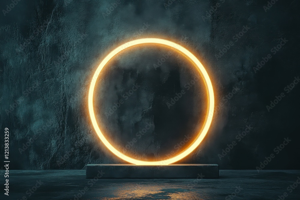 Poster bright circular light fixture illuminates a dark industrial setting with an ethereal glow during a m