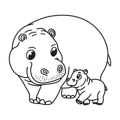 Line art of mother hippo looking at her baby cartoon vector