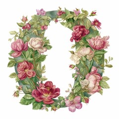 Watercolor Floral Letter O Design Romantic Pink Roses Wreath Alphabet Botanical Illustration for