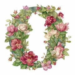 Gardinen Watercolor Floral Letter O Design Romantic Pink Roses Wreath Alphabet Botanical Illustration for © donchanu