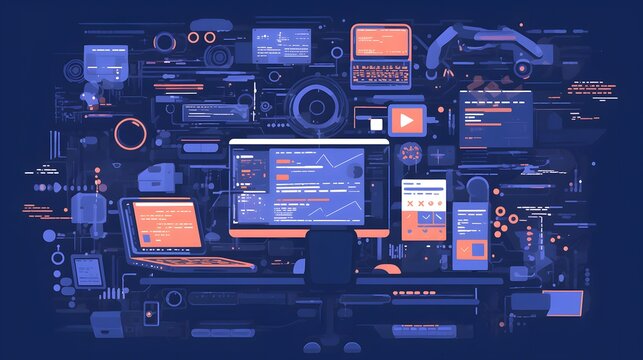 Flat vector illustration of coding and technology with binary code flow