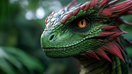 Fototapeta premium Enchanting Dragon: A captivating close-up of a vibrant green dragon, with striking red accents and a mesmerizing golden eye, set against a backdrop of lush foliage. 
