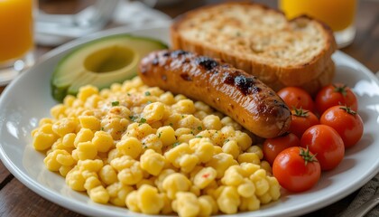 A hearty plate of scrambled eggs, grilled chicken sausage, roasted cherry tomatoes and garlic butter toast, served with a side of avocado slices and orange juice.