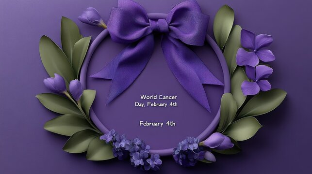 A circular lavender ribbon design surrounding the text "World Cancer Day," centered on a radiant purple background. The gradient lighting adds depth, and "February 4th"