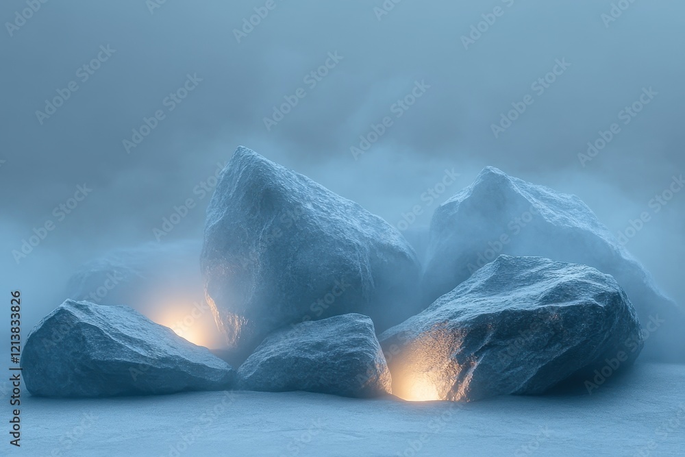 Poster mysterious glowing rocks shrouded in fog create an ethereal landscape under twilight skies. generati