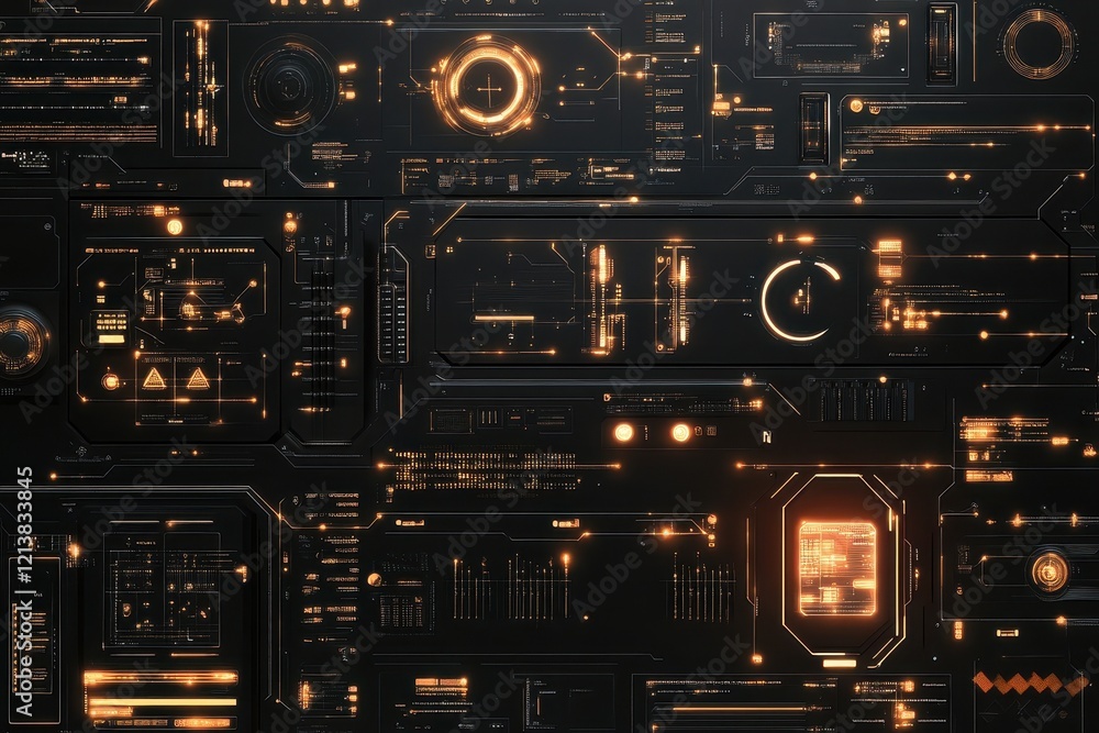 Poster futuristic digital interface filled with glowing elements, showcasing data visualization in a sleek,