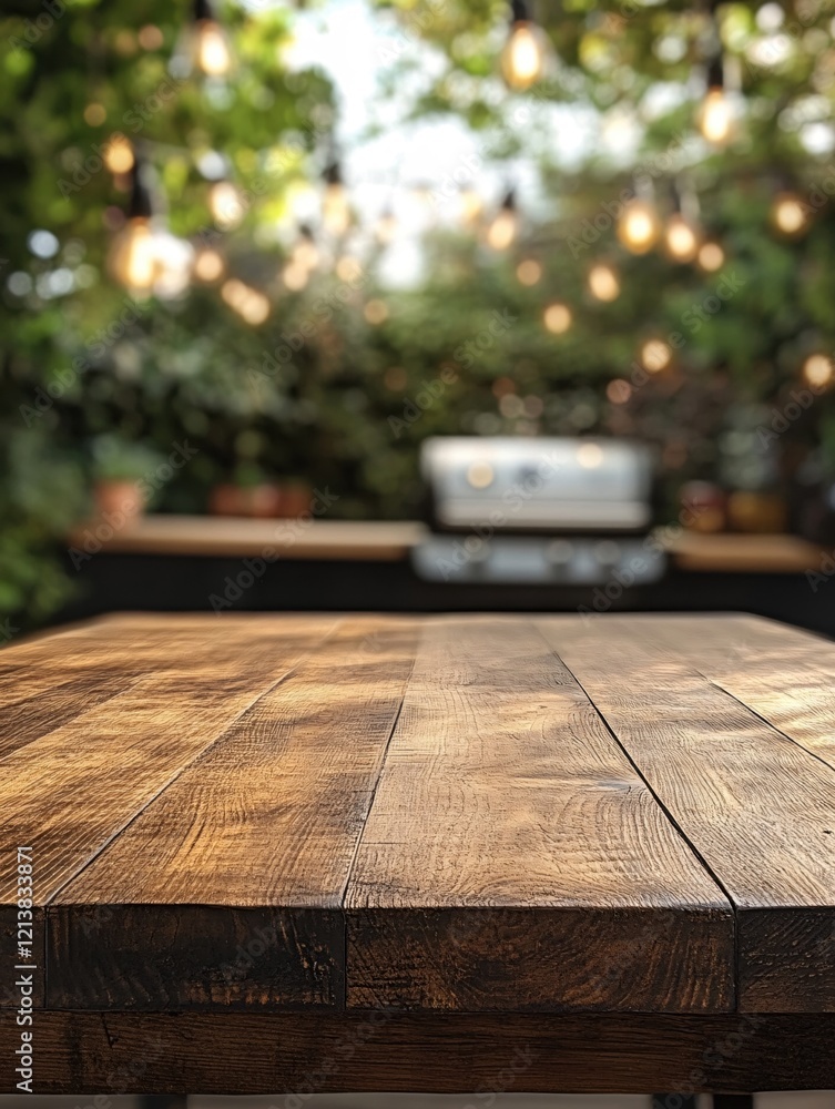 Poster rustic wooden table in outdoor setting with blurred background and string lights for product display