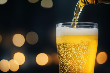 Golden lager beer with bubbles being poured into a glass with bokeh background