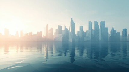 Fototapeta premium Creative polygonal mesh design of a waterfront city skyline suitable for wallpaper Concept of smart cities and web network connectivity