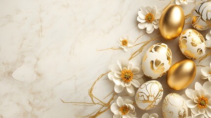Flatlay composition of golden Easter eggs with flowers on marble background
