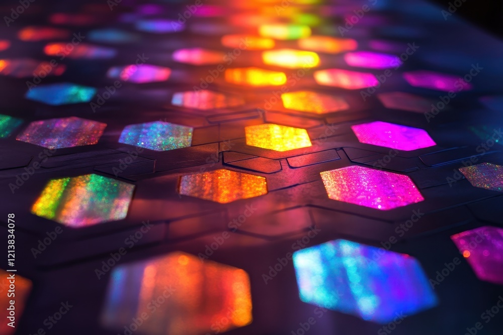 Poster colorful hexagonal patterns illuminate the night with vibrant reflections and dazzling light effects