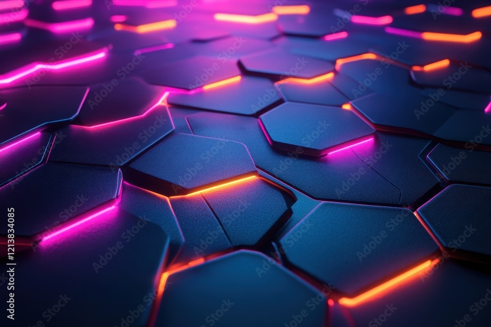 Poster colorful hexagonal patterns illuminate a futuristic landscape with vibrant neon lighting at dusk. ge