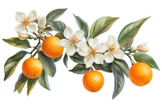 Neroli twig. Isolated Citrus aurantium with a bloom and fruit branch. Generative Ai