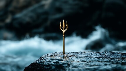Golden trident on rock, river rapids background; fantasy, mythology