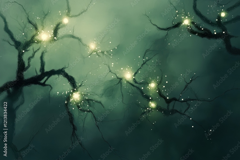 Poster enchanted forest with glowing lights illuminating dark branches at twilight. generative ai