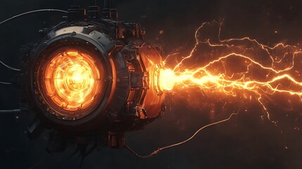 Glowing energy core with electric tendrils connecting to advanced machinery