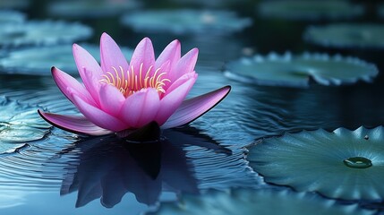 Pink water lily blooming on serene pond surface