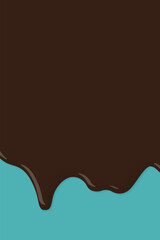 Melted chocolate pouring on turquoise vertical background graphic illustration have blank space.