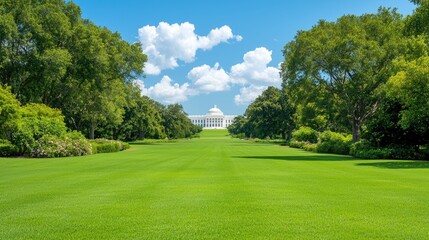 Obraz premium Capitol building view, sunny day, green lawn, Washington DC