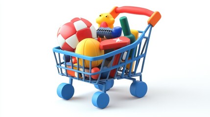 Shopping cart with sport equipment isolated on white background,shopping cart filled with sports equipment,copy space,sport day concept.
