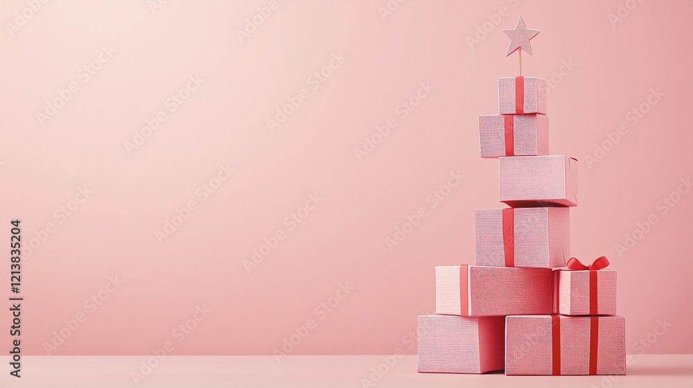 Poster paper cut gift boxes stacked from large to small, resembling a christmas tree, on a simple backgroun