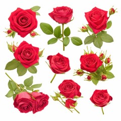 Collection of Red Roses Blooming Buds Isolated Flowers Botanical Photography
