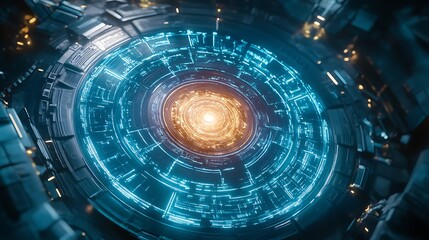 Fototapeta premium Glowing energy core surrounded by glowing holographic shapes and wires