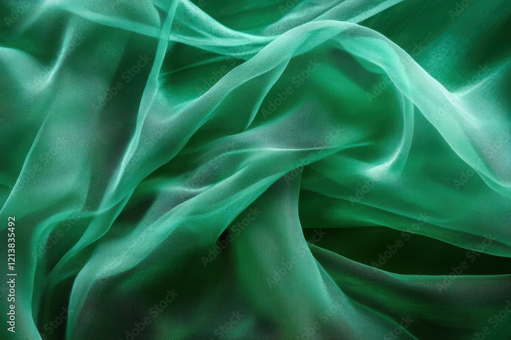 Poster float of delicate green fabric dances softly in the light, creating an ethereal atmosphere in a sere