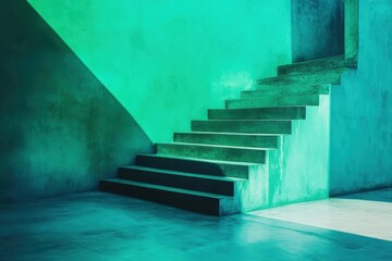 Fototapeta premium Staircase bathed in turquoise hues offers a tranquil journey to light and serenity in a minimalist space. Generative AI