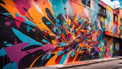 Obraz premium Vibrant abstract graffiti art explodes across a city building's exterior wall.