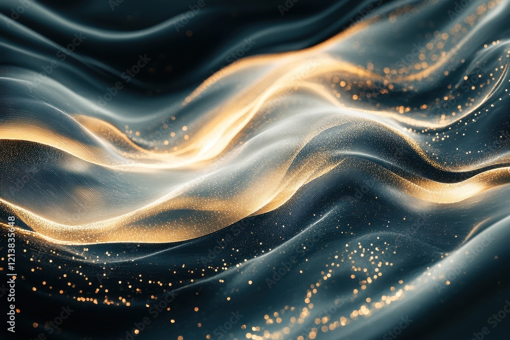 Poster mystical waves of golden light dance through a darkened realm, creating an ethereal visual symphony 