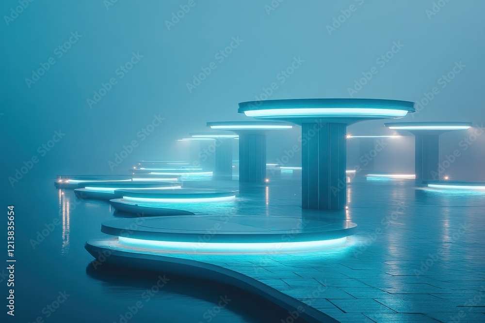 Poster mysterious glowing platforms emerging from the fog at twilight near a tranquil waterway. generative 