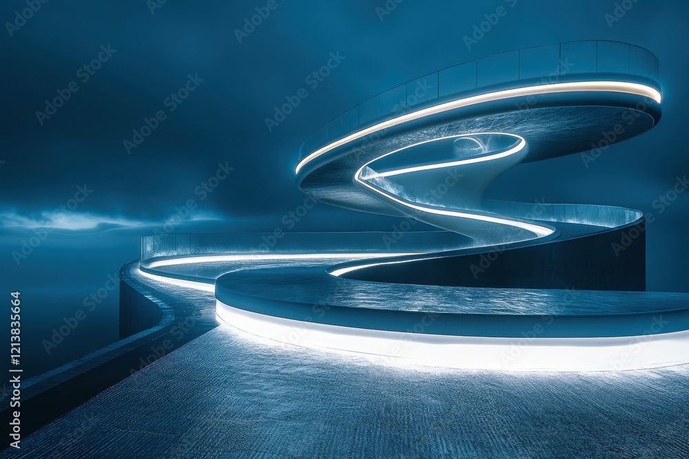 Poster curved pathways illuminated under a moody sky invite exploration in an architectural marvel at twili