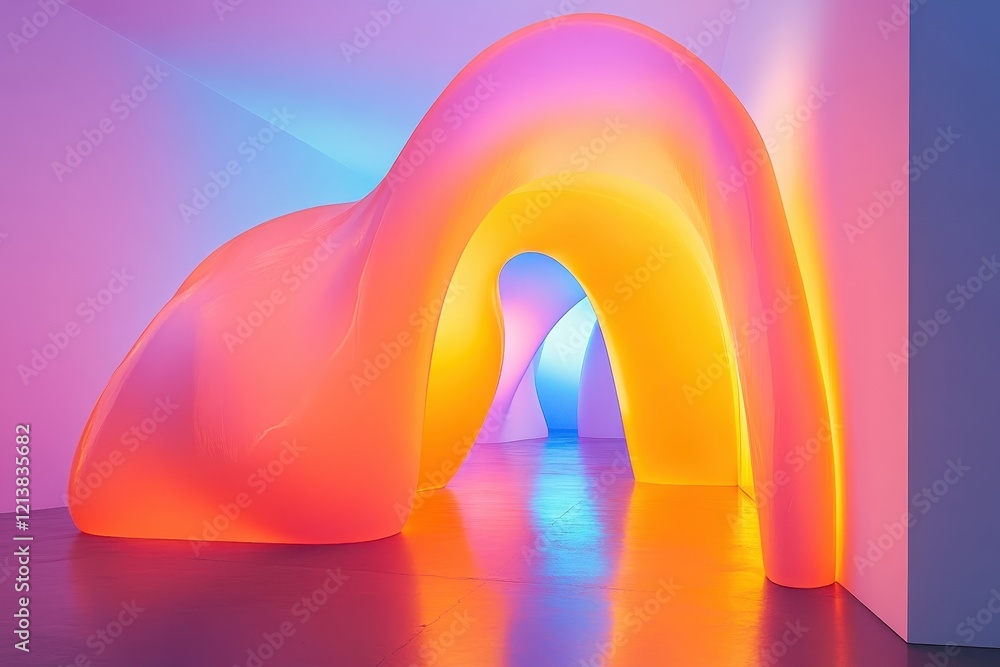 Poster vibrant colors and fluid forms create an immersive experience in a modern art installation in the he