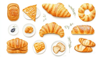 Croissant French bread on white background cutout, file. Many assorted different design angles, stack, broken, plate, top view. Mockup template for artwork