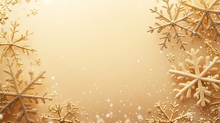 Thin, detailed golden snowflakes lightly spread across a warm beige background, creating a festive yet refined atmosphere, with space for creative text placements or promotional messages.